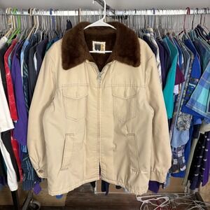 Vintage William Barry Mens Tan Faux Fur Collar Pile Lined Zip Jacket Size 44